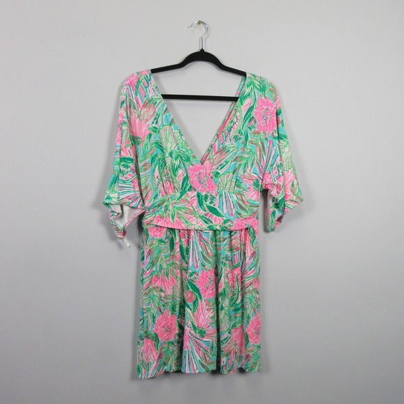 Lilly Pulitzer Parigi Romper Mini Dress M Green Floral V Neck Resort 436 - Picture 1 of 11